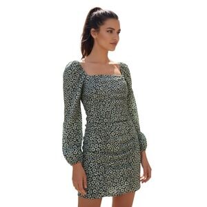 Le Lis Collection Green Floral Ruched Mini Dress Long Sleeve 30" Length NWT M